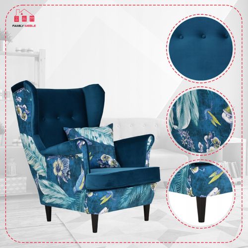 Fauteuil à Oreilles Ari Print Duo — Style Scandinave, Turquoise/bleu