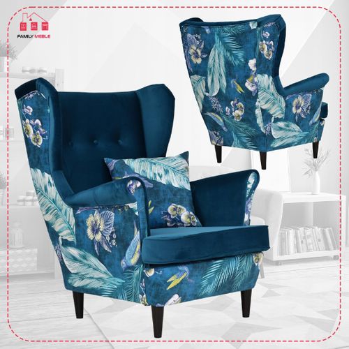 Fauteuil à Oreilles Ari Print Duo — Style Scandinave, Turquoise/bleu