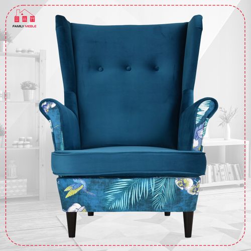 Fauteuil à Oreilles Ari Print Duo — Style Scandinave, Turquoise/bleu