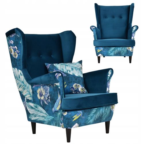 Fauteuil à Oreilles Ari Print Duo — Style Scandinave, Turquoise/bleu