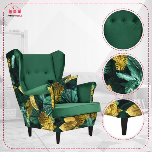 Fauteuil à Oreilles Ari Print Duo, Style Scandinave, Velours Vert