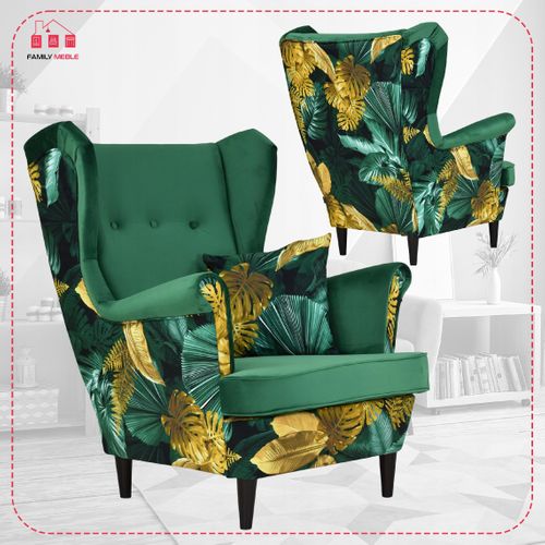 Fauteuil à Oreilles Ari Print Duo, Style Scandinave, Velours Vert