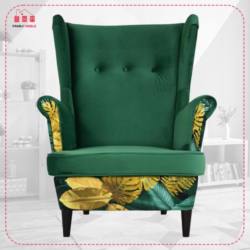 Fauteuil à Oreilles Ari Print Duo, Style Scandinave, Velours Vert