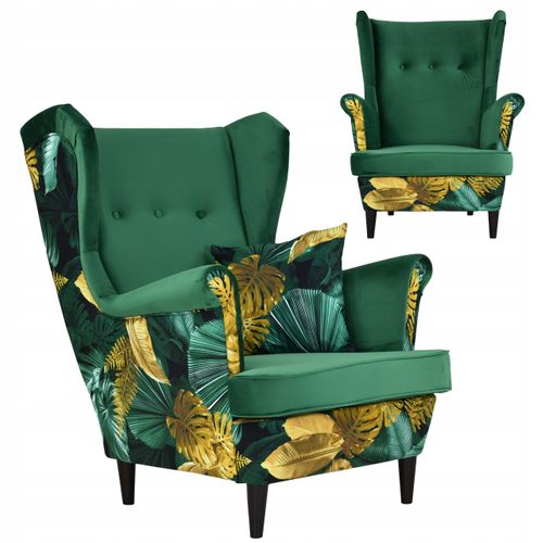 Fauteuil à Oreilles Ari Print Duo, Style Scandinave, Velours Vert