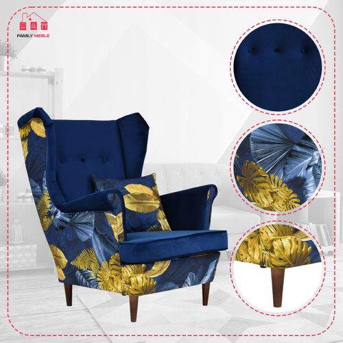 Fauteuil Scandinave à Oreilles Ari Print Duo, Bleu Marine à Motif Monstera