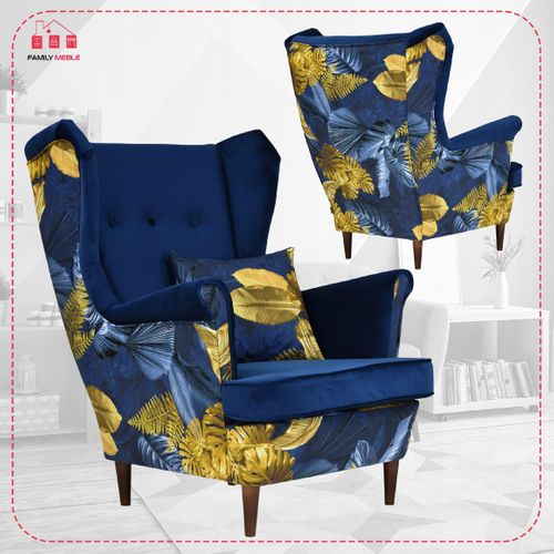 Fauteuil Scandinave à Oreilles Ari Print Duo, Bleu Marine à Motif Monstera