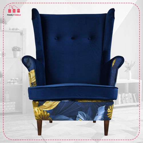 Fauteuil Scandinave à Oreilles Ari Print Duo, Bleu Marine à Motif Monstera