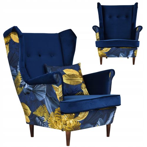 Fauteuil Scandinave à Oreilles Ari Print Duo, Bleu Marine à Motif Monstera