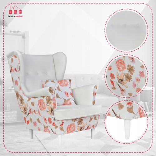 Fauteuil à Oreilles Ari Print Duo, Style Scandinave, Blanc à Fleurs, Pour Salon Ou Chambre