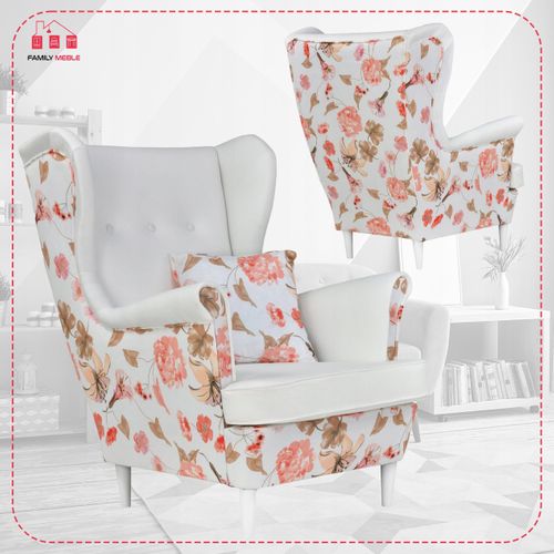 Fauteuil à Oreilles Ari Print Duo, Style Scandinave, Blanc à Fleurs, Pour Salon Ou Chambre