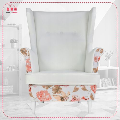 Fauteuil à Oreilles Ari Print Duo, Style Scandinave, Blanc à Fleurs, Pour Salon Ou Chambre