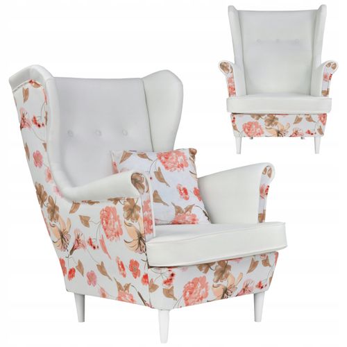 Fauteuil à Oreilles Ari Print Duo, Style Scandinave, Blanc à Fleurs, Pour Salon Ou Chambre