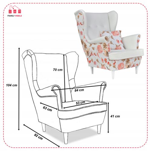 Fauteuil à Oreilles Ari Print Duo, Style Scandinave, Blanc à Fleurs, Pour Salon Ou Chambre