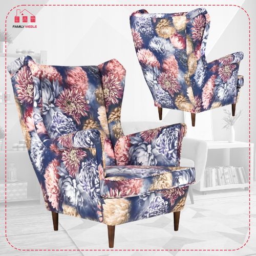 Fauteuil à Oreilles Scandinave Ari Print, Tissu Imprimé De Pivoines, Motif Fleurs De Grand‑mère