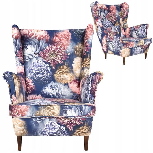 Fauteuil à Oreilles Scandinave Ari Print, Tissu Imprimé De Pivoines, Motif Fleurs De Grand‑mère
