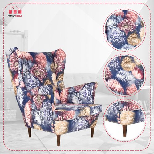Fauteuil à Oreilles Scandinave Ari Print, Tissu Imprimé De Pivoines, Motif Fleurs De Grand‑mère