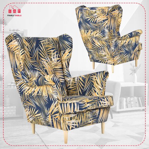 Fauteuil à Oreilles Ari Print Scandinave — Motif De Feuilles Dorées Sur Fond Bleu Marine