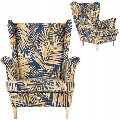 Fauteuil à Oreilles Ari Print Scandinave — Motif De Feuilles Dorées Sur Fond Bleu Marine