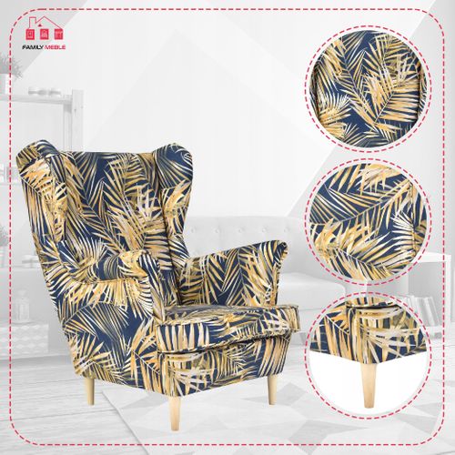 Fauteuil à Oreilles Ari Print Scandinave — Motif De Feuilles Dorées Sur Fond Bleu Marine