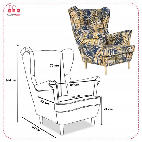 Fauteuil à Oreilles Ari Print Scandinave — Motif De Feuilles Dorées Sur Fond Bleu Marine