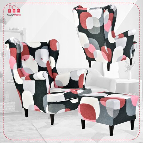 Fauteuil à Oreilles Ari Print Avec Pouf — Style Scandinave, Motif à Pois