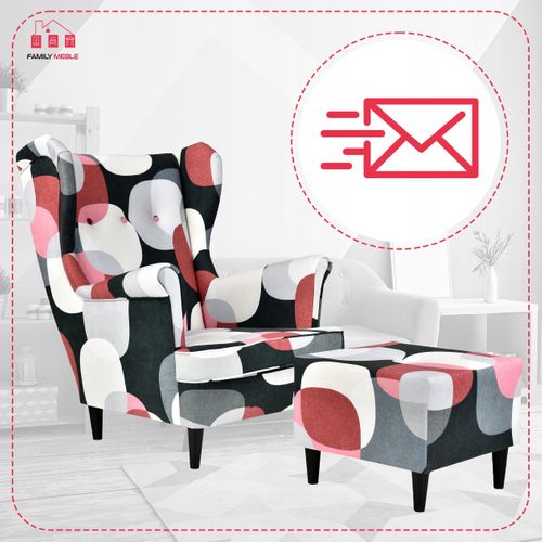 Fauteuil à Oreilles Ari Print Avec Pouf — Style Scandinave, Motif à Pois