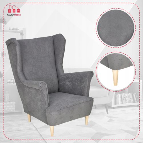 Fauteuil à Oreilles Max, Design Scandinave Tissu En Velours Gris