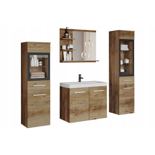 Salle De Bain Suspendue Lavabo 2 Colonnes + Miroir Étagères Châtaignier Mat