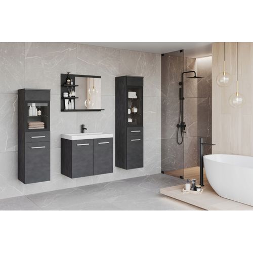 Salle De Bain Suspendue Lavabo 2 Colonnes + Miroir Étagères Matera Mat