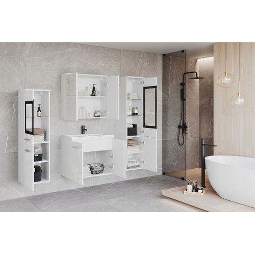 Salle De Bain Suspendue Lavabo 2 Colonnes + Armoire Miroir Blanc Mat / Blanc Brillant