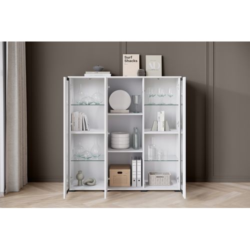 Highboard 120 Cm Vitrine Blanc Mat / Blanc Brillant