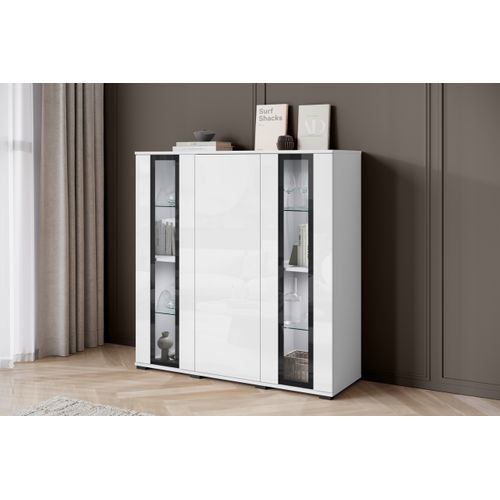 Highboard 120 Cm Vitrine Blanc Mat / Blanc Brillant