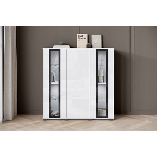 Highboard 120 Cm Vitrine Blanc Mat / Blanc Brillant