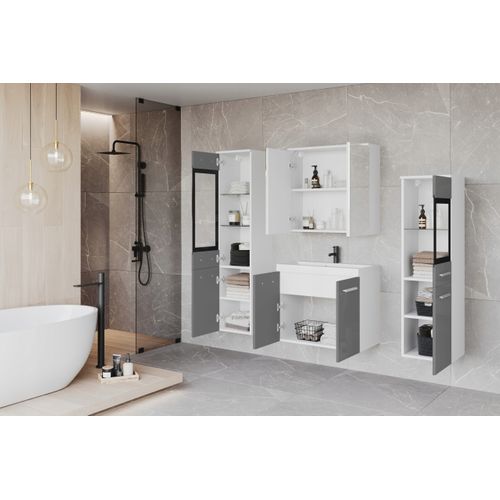 Salle De Bain Suspendue Lavabo 2 Colonnes + Armoire Miroir Blanc Mat / Gris Brillant