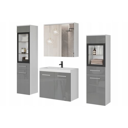 Salle De Bain Suspendue Lavabo 2 Colonnes + Armoire Miroir Blanc Mat / Gris Brillant