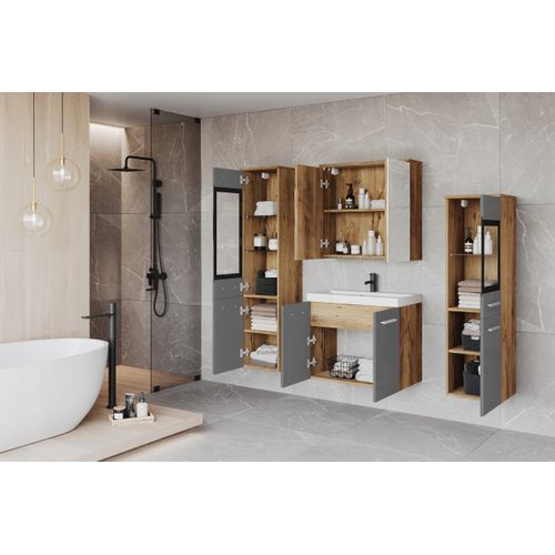 Salle De Bain Suspendue Lavabo 2 Colonnes + Armoire Miroir Châtaignier Mat / Gris Brillant