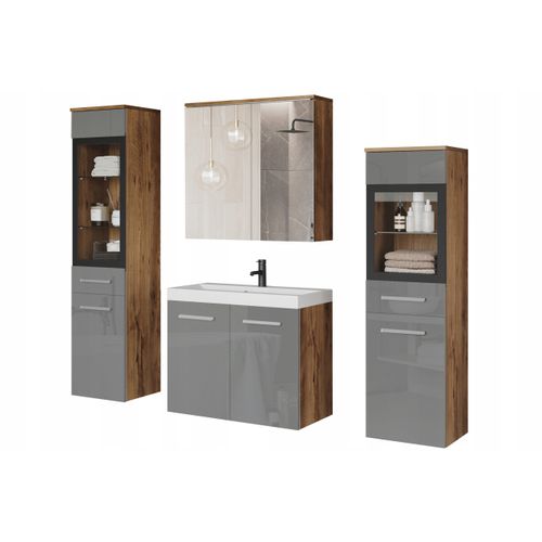 Salle De Bain Suspendue Lavabo 2 Colonnes + Armoire Miroir Châtaignier Mat / Gris Brillant