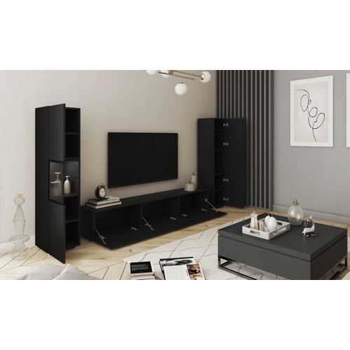 Mur TV 180 Cm Vitrine + Colonne Noir Mat