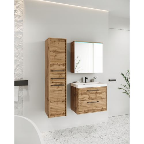 Salle De Bain Suspendue Lavabo Miroir Colonne Mdf Chêne Wotan Mat