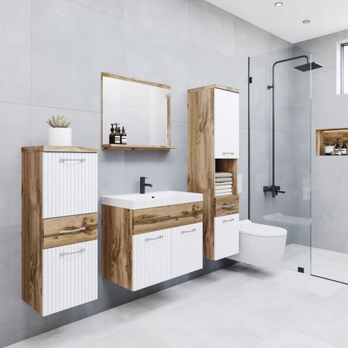 Meubles Salle De Bain Suspendus Lavabo Miroir Colonnes Mat / Mdf Rainurées