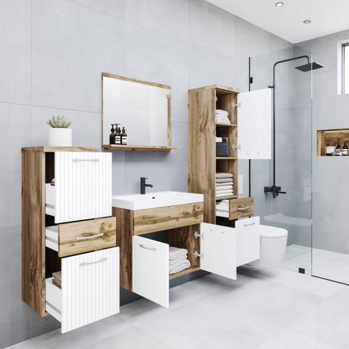 Meubles Salle De Bain Suspendus Lavabo Miroir Colonnes Mat / Mdf Rainurées