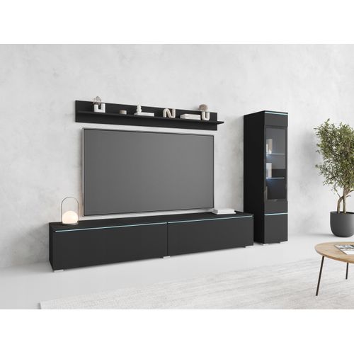 Ensemble Salon 3 Éléments: TV 180 + Vitrine + Étagère, Graphite Noir Mat