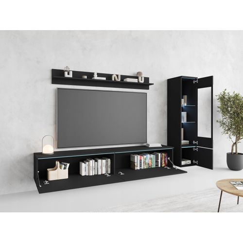 Ensemble Salon 3 Éléments: TV 180 + Vitrine + Étagère, Graphite Noir Mat