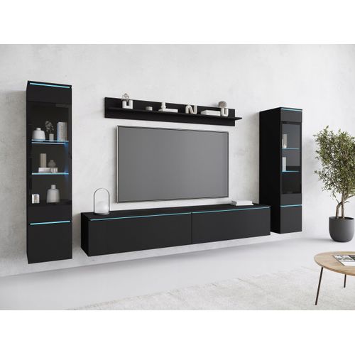 Ensemble Salon 4 Éléments: TV 180 + 2 Vitrines + Étagère, Graphite Noir Mat