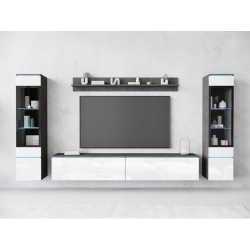 Ensemble Salon 4 Éléments: TV 180 + 2 Vitrines + Étagère, Matera / Blanc Brillant