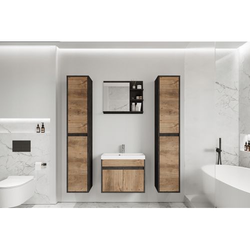 Salle De Bain 4 Pièces Lavabo Colonnes Miroir Matera / Châtaignier Mat