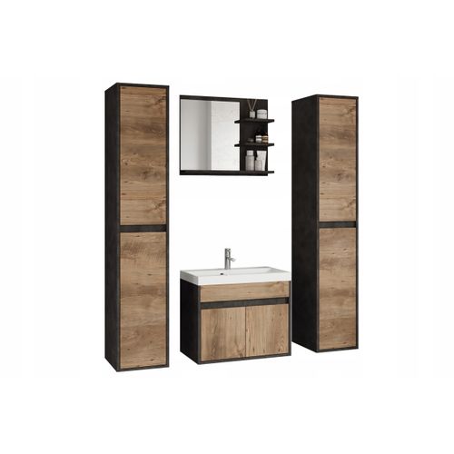 Salle De Bain 4 Pièces Lavabo Colonnes Miroir Matera / Châtaignier Mat