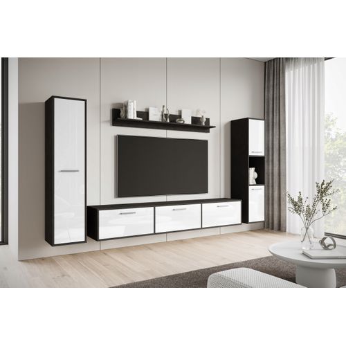 Mur TV 180 Cm 2 Colonnes + Étagère Matera Mat / Blanc Brillant