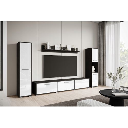 Mur TV 180 Cm 2 Colonnes + Étagère Matera Mat / Blanc Brillant
