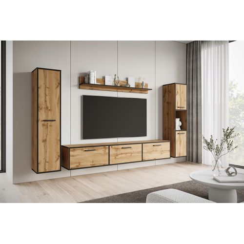 Mur TV 180 Cm 2 Colonnes + Étagère Chêne Wotan / Noir Mat